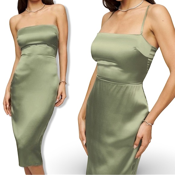Reformation Oaklie Silk Midi Dress w/ REMOVABLE Straps in Artichoke | Size 4 - Picture 1 of 16